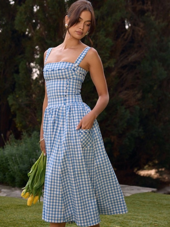 House of CB Dresses & Skirts - House of CB Vivien Blue & White Gingham Square-Neck Midi Dress